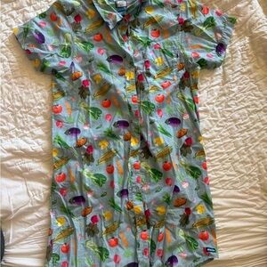 Short-Sleeve Button-Up Shirt Dress - Light Blue Vegetable Print